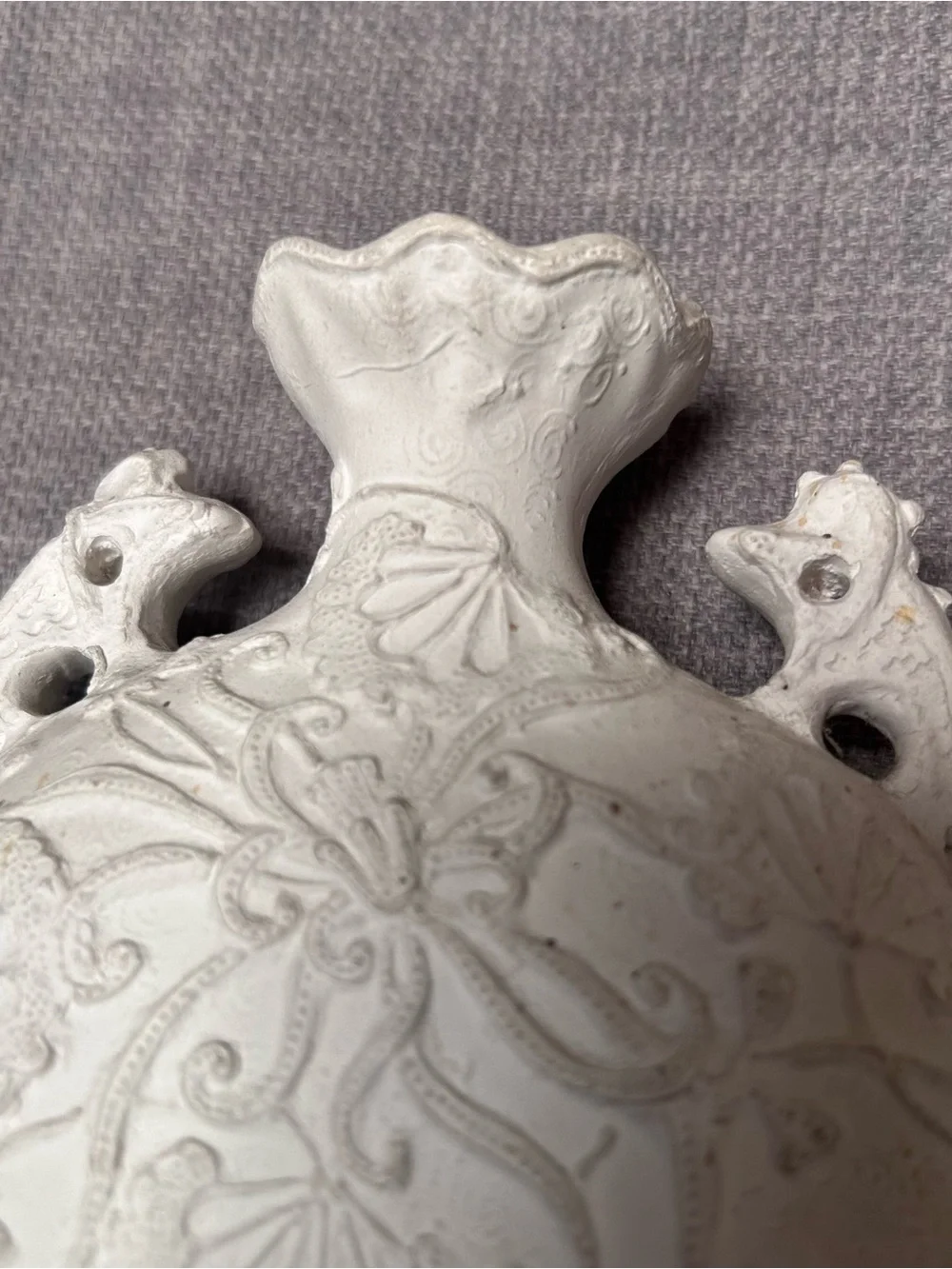 Vtg Continental Blanc-de-Chine Double Handled Porcelain Relief Vase #1220256